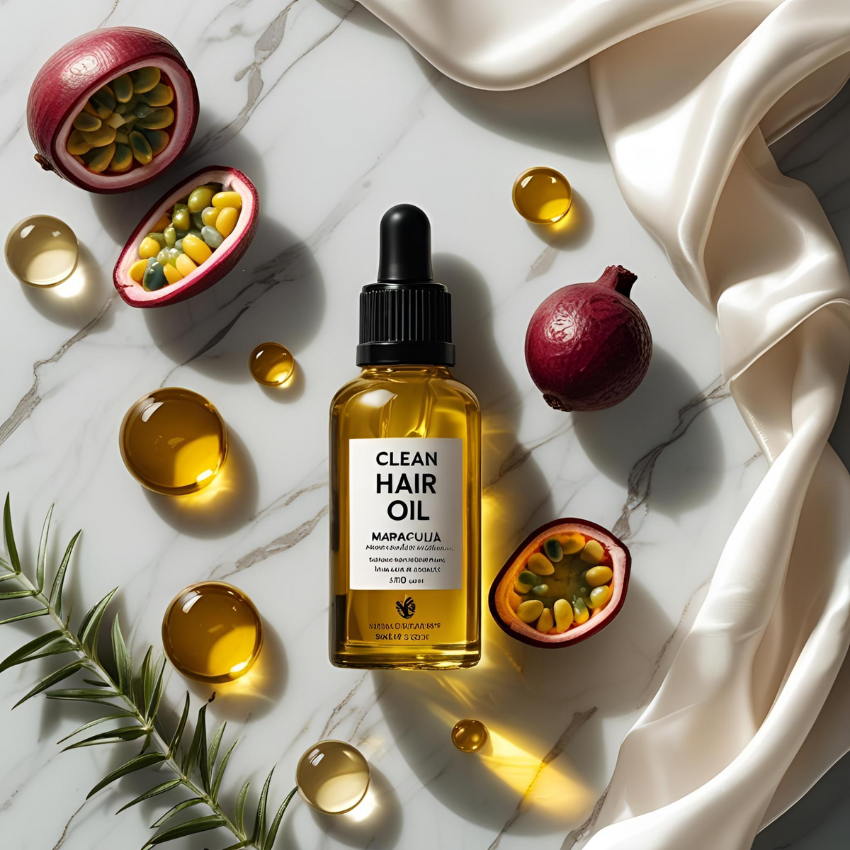 Premium botanical hair oils with açaí, maracuja, and buriti on a spa-style vanity — inspired by celebrity haircare.