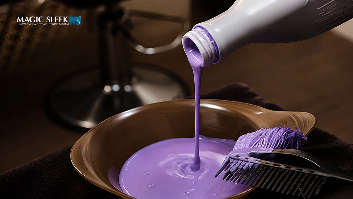  Magic Sleek Step 2 Bonding Solution being prepared for a professional formaldehyde-free hair straightening treatment