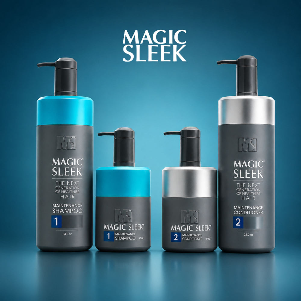 Magic Sleek retail hair care products with Maintenance Shampoo and Conditioner for at-home treatment aftercare