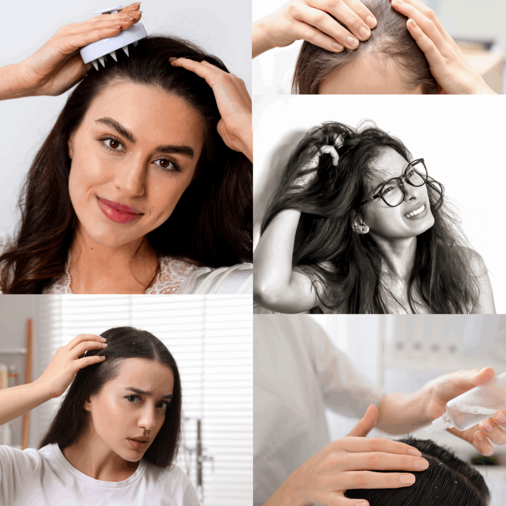 Scalp Health pictures of various women showing concern or care for their scalp