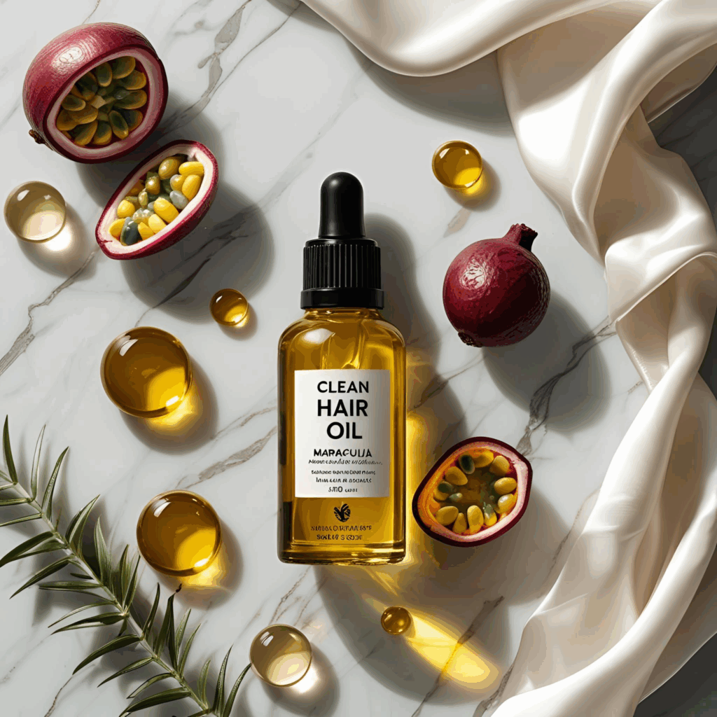 Beyoncé Hair Oil: The Crown Jewel of Clean, Celebrity Hair Care 1 Premium botanical hair oils with açaí, maracuja, and buriti on a spa-style vanity — inspired by celebrity haircare.