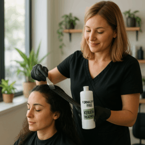 Hairstylist applying formaldehyde-free keratin treatment to a woman's frizzy hair in a natural, plant-filled salon.