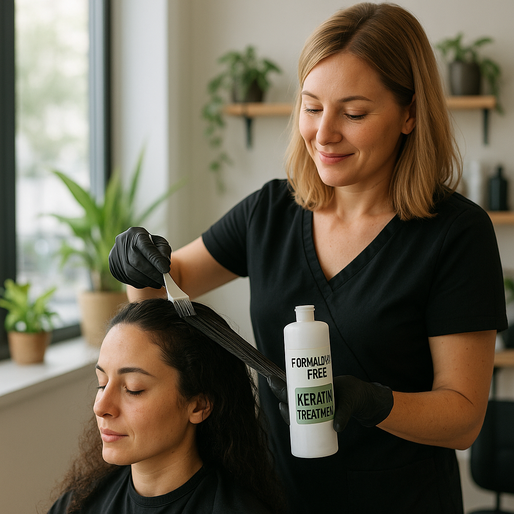The Ultimate Guide to Formaldehyde-Free Keratin Treatment 1 Hairstylist applying formaldehyde-free keratin treatment to a woman's frizzy hair in a natural, plant-filled salon.