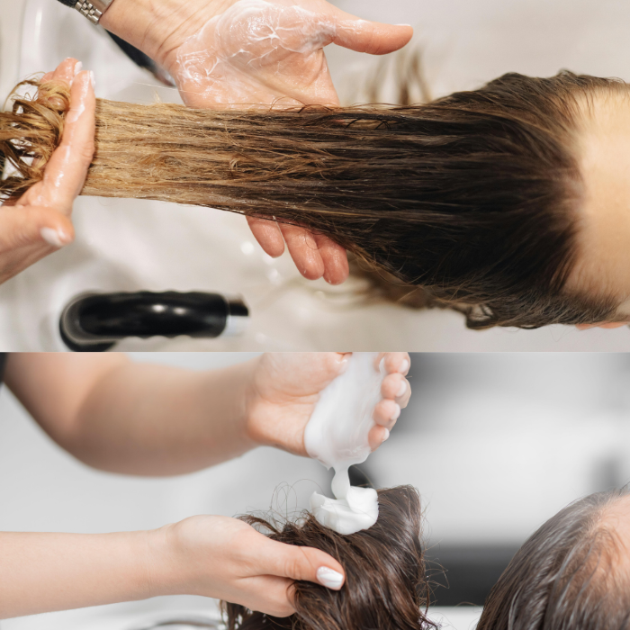 shows a professional deep conditioner being done